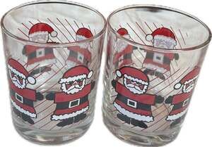 Set of 2 Vintage Luminarc Santa Claus Red Stripes Lowball Rocks Glass